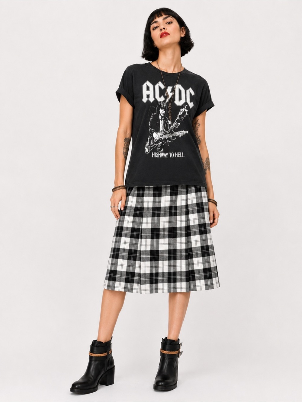 Weill Classic Black & Cream Plaid Midi Skirt